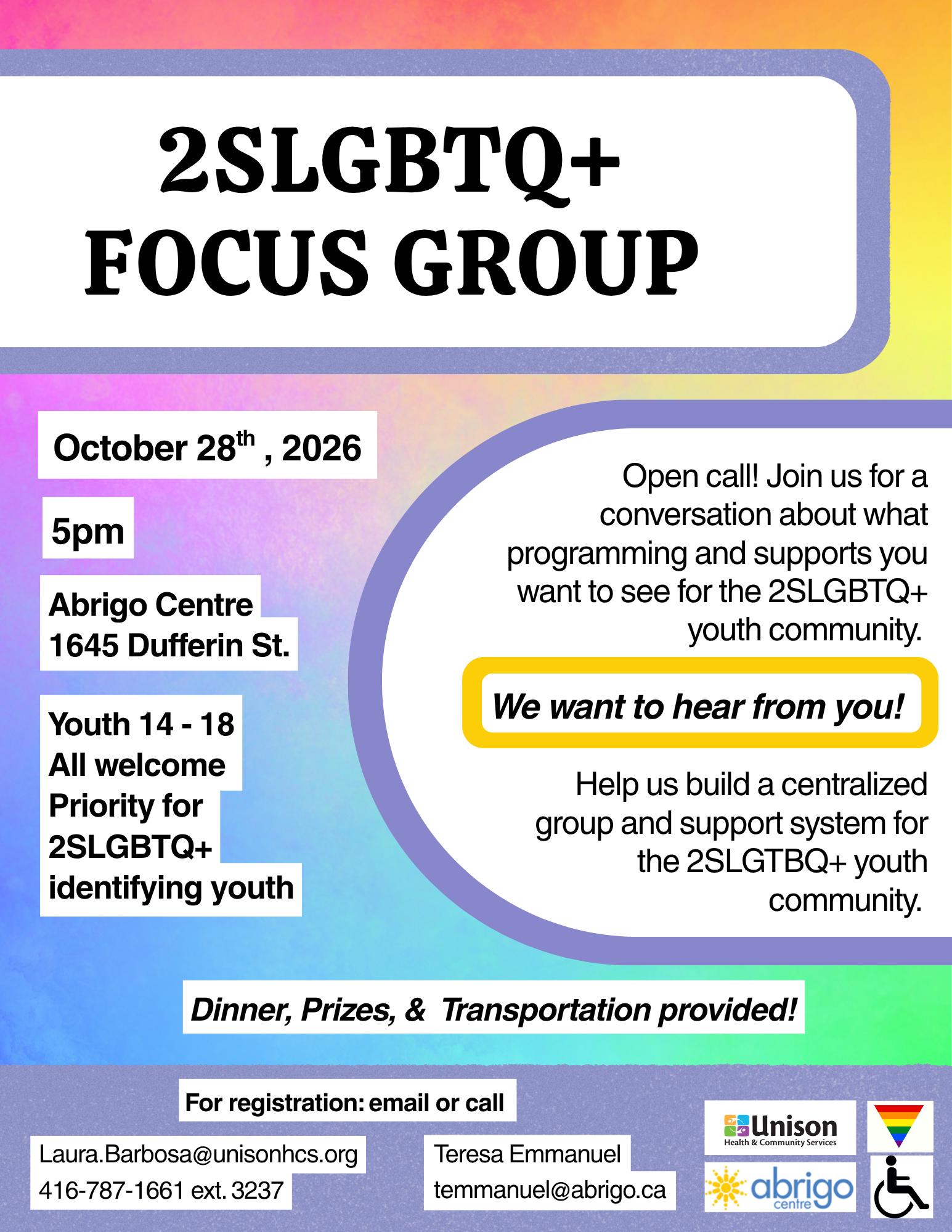 Abrigo and Unison are holding a focus group for 2SLGBTQ+ youth 14 to 18 on October 28.